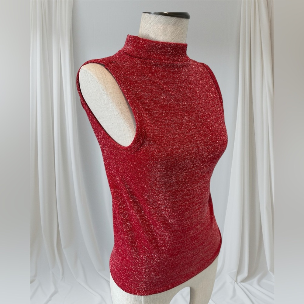 Elegant Red Shimmer LC Couture Mock Neck Sleeveless Sweater - Size M/L